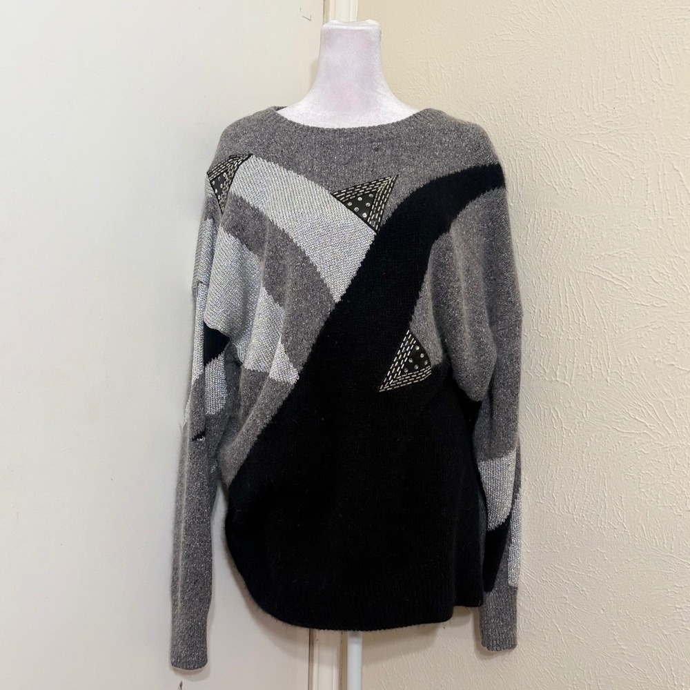 Gray Black Geometric Abstract Silk Angora Beaded Sweater 90s Goth Grunge 2X